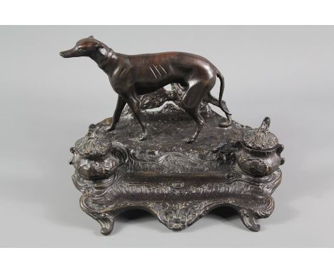 After Pierre Jules Mene (French 1810-1879) Bronze Ink Stand, with two ink pots and a grey hound, approx 27 w x 22 d x 23 h cm
