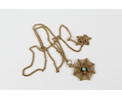 A 9ct Gold Chain and Spider's Web Pendant. The pendant set with turquoise and seed pearl, on 9ct gold chain, approx 40 cms, a