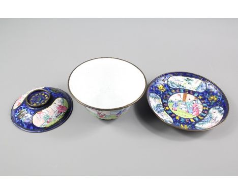 Chinese Enamel Trio, this lot includes bowl, cover and saucer, depicting figures in a courtyard setting.