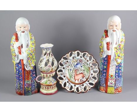 A Collection of Pottery: the pottery lot comprises two Chinese Sage figures with walking sticks, approx 44 cms high, together