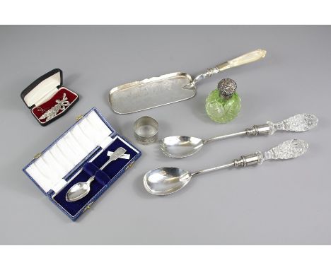 Miscellaneous Silver and Silver Plate; including a pair of salad servers, a mother of pearl handled pastry slice, silver napk