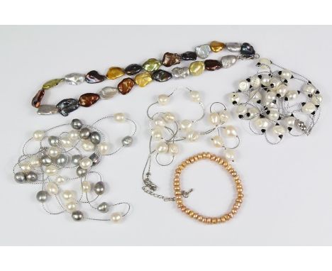 Fresh Water Pearl Necklaces: a white pearl and black glass three-strand necklace, pearls approx 10 mm, approx 48 cms, white a