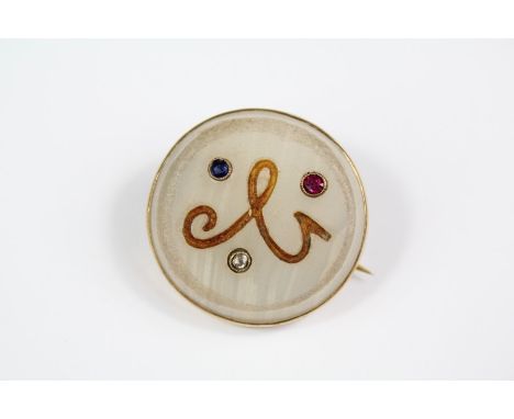 Antique 9ct Gold Onyx Brooch, set with a diamond, ruby and sapphire, monogram G, approx 8 gms, approx 25 x 25 mm.