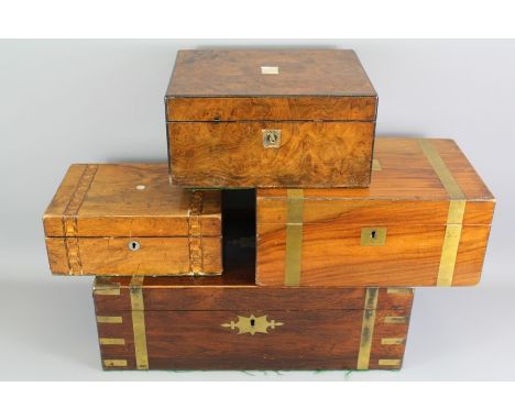 A Mahogany Writing Slope together with three other boxes. (1) Slope measures approx 51 x 26 x 18 cms, has brass banding and d
