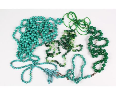 A Collection of Turquoise, Green Stone Necklaces: including a long turquoise necklace approx 240 cms, a single-strand turquoi