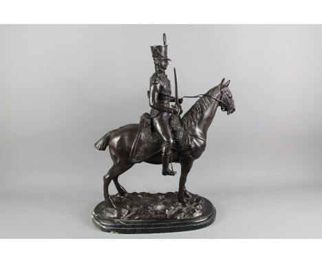 After J.R.S Keaping - A Bronze Calvary Officer, approx 50 w x 55 h cms, signed J.R.S Keaping, raised on an oval marble plinth