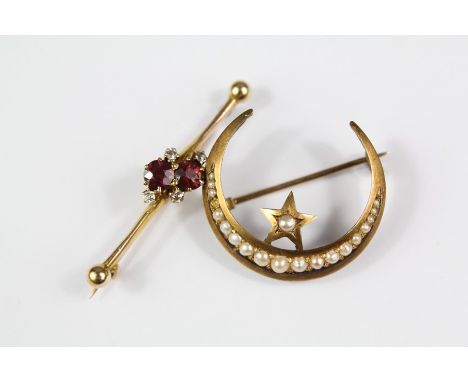 A 14/15 ct Yellow Gold Diamond and Garnet Bar Brooch, approx 35 mm long, 4 x 1.7 pts of old-cut dias together with an Edwardi