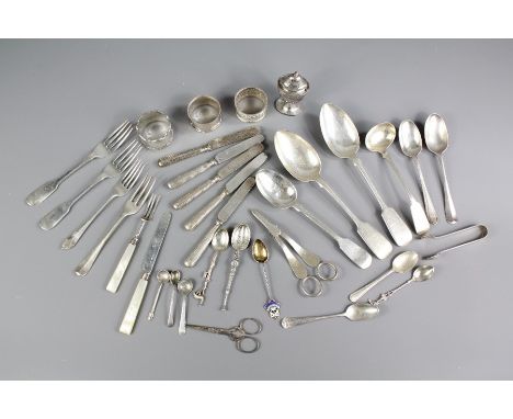 Miscellaneous Silver. This lot includes three silver napkin rings (various hallmarks) approx 70 gms, silver sauce ladle, suga