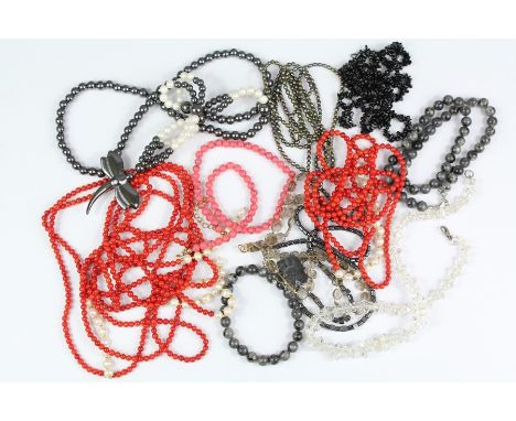 Miscellaneous Necklaces: including a black hematite and white fresh water pearl dragon-fly necklace, approx 72 cms, a black h