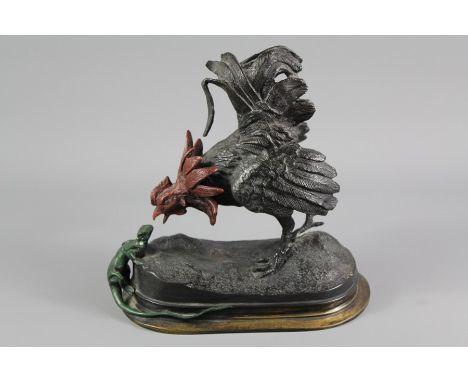 After Franz Bergman (1861-1936) Bronze Study of a Cockerel and Lizard, approx 23 x 13 cms, raised on an oval brass plinth.&nb