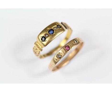 Antique Yellow Gold Ruby and Rose-Cut Diamond Ring, size R together with a Sapphire &amp; Seed Pearl Ring size R, approx 3.5 