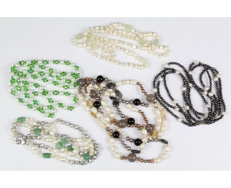 Fresh Water Pearl and Hard-stone Necklaces: four white pearl and&nbsp; hard-stone and glass necklaces, three approx 90 cms, o