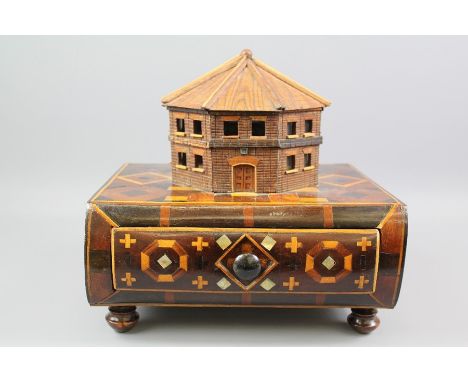 A 19th Century Parquetry Box; the box inlaid with mother-of-pearl and having model of a Methodist octagonal chapel to top, ap