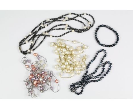 Fresh Water Pearls: a white fresh water pearl and gold string necklace, pearls approx 10 mm, approx 190 cms, together with tw