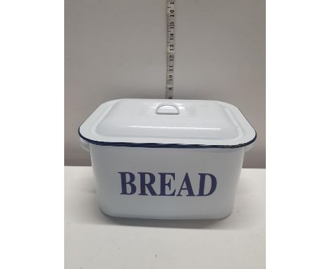 A vintage enamel bread bin with lid, shipping unavailable