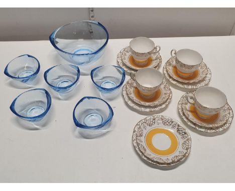 A Hamilton fine bone china tea service with some mid century blue glass bowls, shipping unavailable
