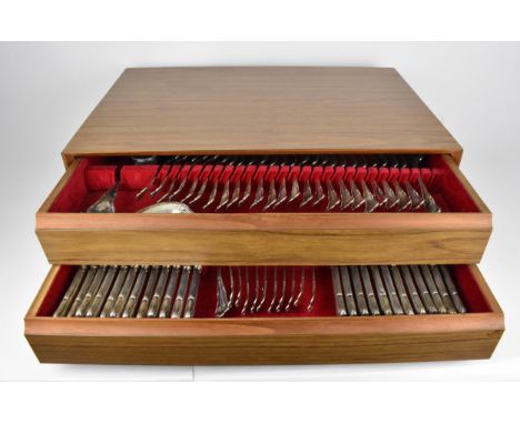 A Continental silver canteen of cutlery for eleven setting, consisting of two drawers comprising: twelve tablespoons, eleven 