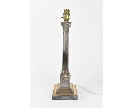 A Victorian silver-plated Corinthian column lamp base by Elkington &amp; Co, with fluted tapered column on a stepped base, 48