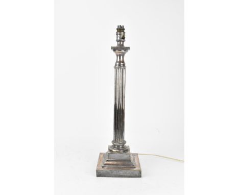 A Victorian silver-plated table lamp base, modelled as a fluted column on a stepped square base, 56 cm high 