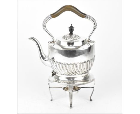 A late Victorian silver spirit kettle on stand by Harrison Brothers &amp; Howson, Sheffield 1895, with turned wooden handle a