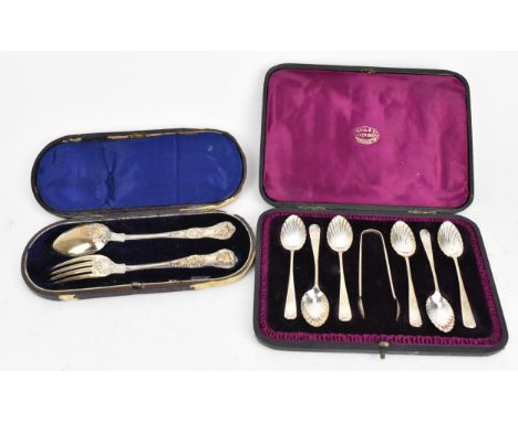 A cased Victorian silver christening set by Henry Wilkinson &amp; Co, Sheffield 1860, in the Queen's pattern, together with a