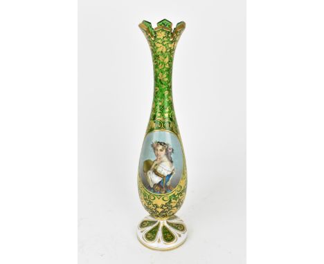 A 19th century bohemian glass vase, of tall baluster form, the green glass body with central portrait roundel depicting a you