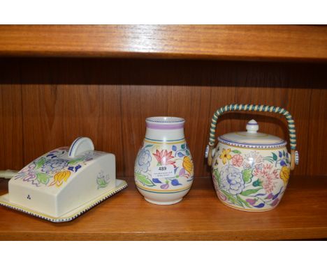 Poole Pottery Cheese Dish, Biscuit Barrel, and Vase 