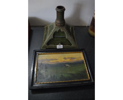 Cast Iron Lamp Base plus Oil on Canvas Landscape 