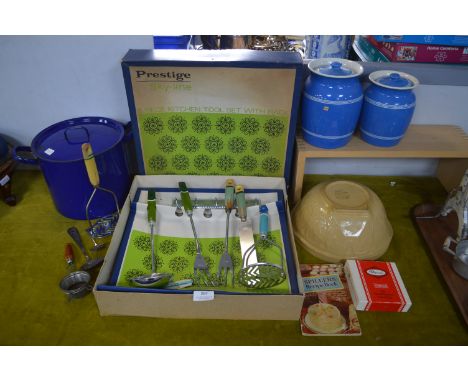 Vintage Kitchenalia Including Prestige Utensil Set, Two Bretby Storage Jars, Enamelware, etc. 