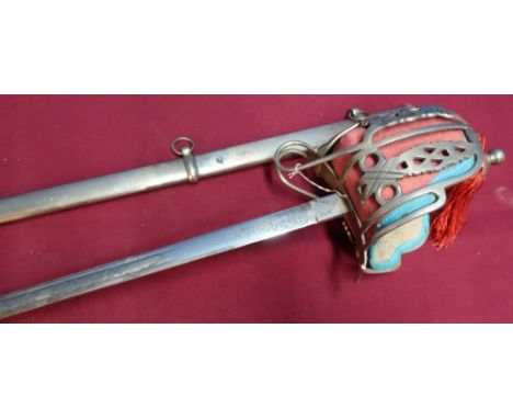 Quality copy of a Victorian Scottish broadsword with engraved crowned VR to the plated blade, the basket hilt with lining and