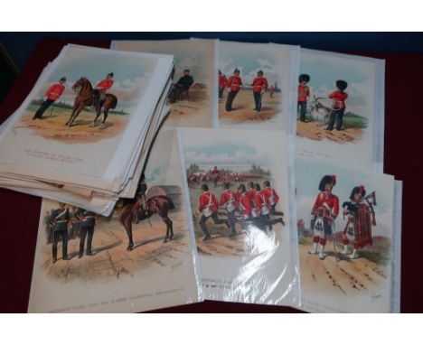 Large quantity of unframed military card prints mostly by R. Simkin relating to various regiments, various coloured military 