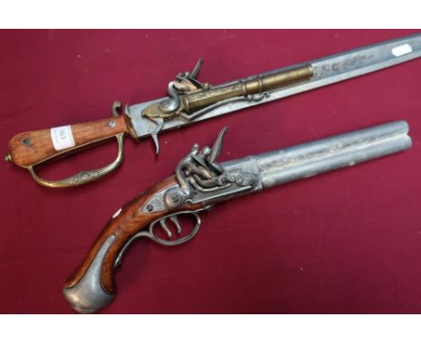 Reproduction combination hunting sword pistol, a reproduction over and under flintlock pistol (2) 
