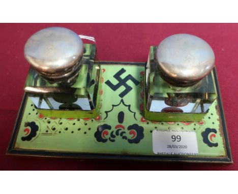 Rectangular double inkwell desk stand with two cut glass inkwells, the silver plated tops with engraved eagle above swastikas