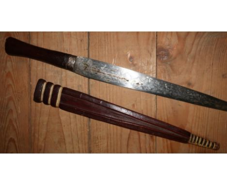 African tribal dagger with 12 inch double edged blade, leather bound grip and sheath 