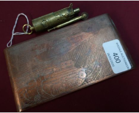 Brass trench art WWII cigarette case with engraved details of planes, tanks, artillery etc and a trench art style lighter (2)