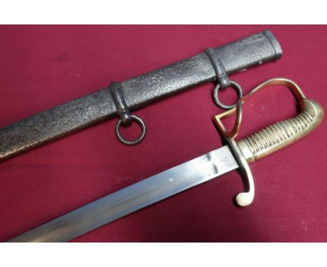 Mid 19th C German cavalry troopers sword, with rare solid brass grip knuckle bow and guard complete with steel scabbard with 