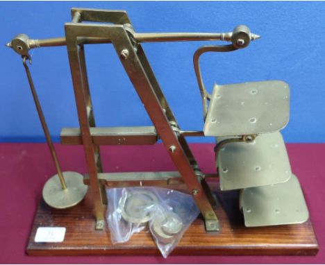 Brass GPO broad arrow stamped, three bar graduating scales mounted on wooden plinth with small selection of weights 