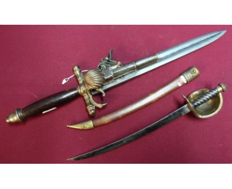 Reproduction flintlock combination pistol hunting dagger and a miniature Spanish style sword (2) 