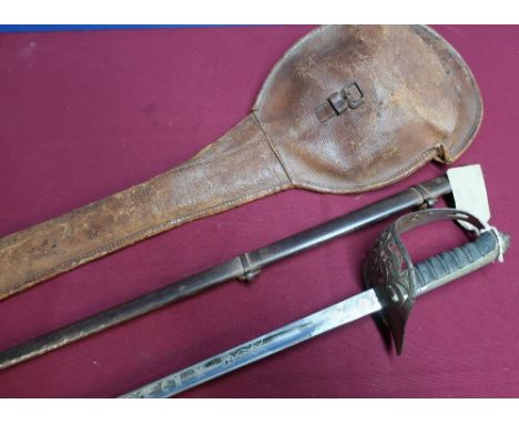 Victorian officers dress sword with 32 1/2 inch straight single fullard blade with engraved detail, serial no. 5444, the half