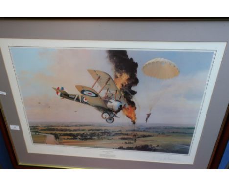 Framed and mounted signed limited edition no.13/600 print by Robert Taylor 'Balloon Buster' of a Sopworth Camel signed by Lie