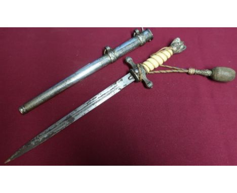 German Kriegsmarine officers dagger, with 9 1/2 inch double fullered blade (pitted), naval crosspiece, ribbed grip and plated