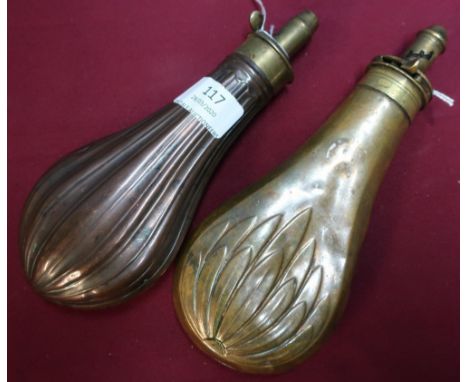 Brass and copper powder flask with shell pattern and another ribbed pattern brass and copper flask (2) 