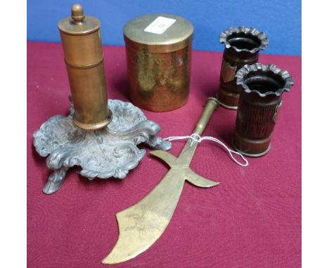 Group of various assorted trench art, including brass lidded pot with engraved detail, a pair of flare rimmed shell casing va