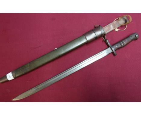 US Remington 1917 bayonet with two piece wooden grips, complete with leather scabbard and frog 