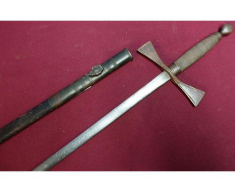 Late Victorian masonic style sword with 28 inch blade with engraved detail by G. Kenning &amp; Son, with wire bound grip and 