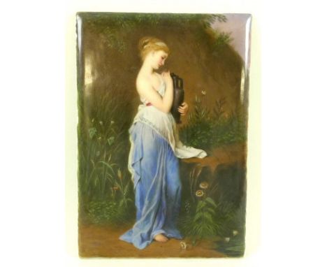 A German painted porcelain plaque of a young woman in Greco-Roman attire holding an amphora, surrounded by meadow flowers, po
