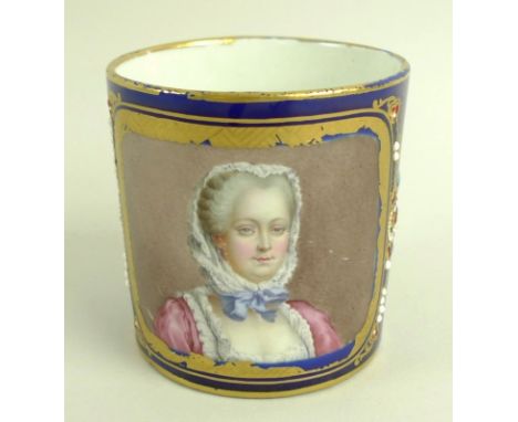 An early Sevres porcelain cup, mid 18th century, the body finely painted with a portrait of Madame de Pomadour bordered by Ch