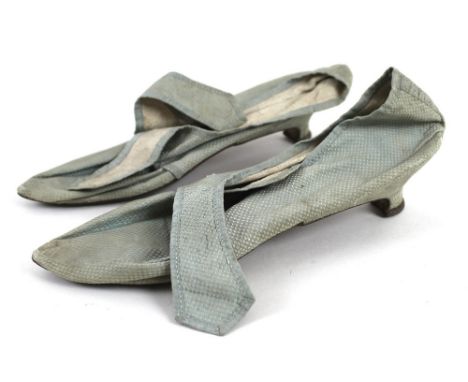 Vintage Textiles: a pair of 18th century duck egg blue fabric shoes with leather soles and self covered heels, with an early 
