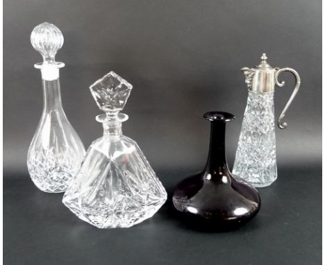 A claret jug, the pressed glass body mounted with silver plate collar, spout and lid, together with a 19th century amethyst g