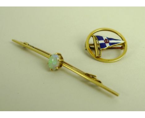 A 15ct gold brooch, the circular border inset with an enamel sailing boat, together with a 15ct gold bar brooch set with an o